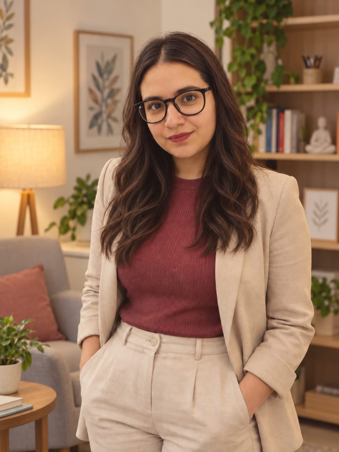 Eleni Barbieri em pé, usando blazer bege e blusa vinho